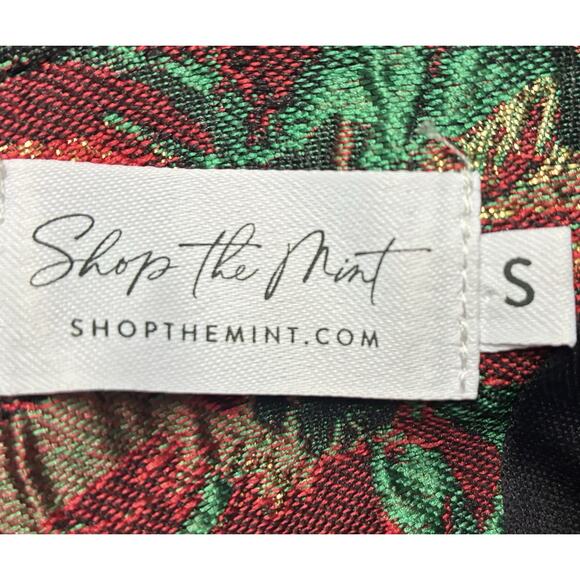 Shop the Mint Metallic Floral Holiday Top Bow Tie Neck Blouse Green Red Small - Picture 10 of 14